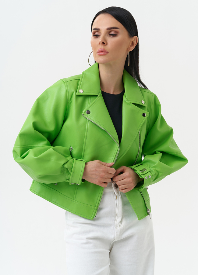 Куртка косуха из эко кожи зеленого цвета модель № 30308 в кредит