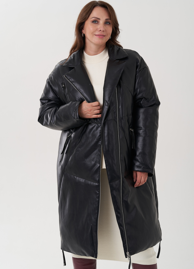 Пуховик женский из эко кожи с английским воротником модель № 25466 в рассрочку