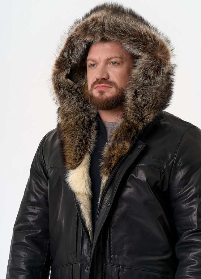 Мужская куртка с капюшоном на мехе из волка модель № 31780 универмаг малина