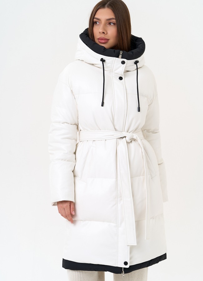 Белый пуховик из эко кожи с поясом модель № 30728 универмаг малина