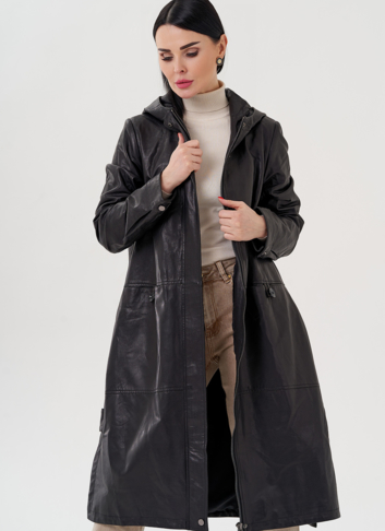 Длинный кожаный плащ с капюшоном
