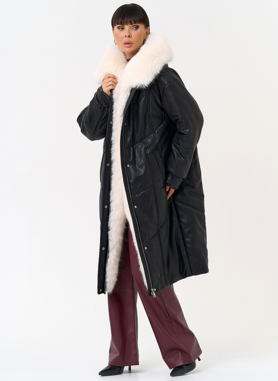 Женский пуховик из эко кожи со съемным эко мехом
