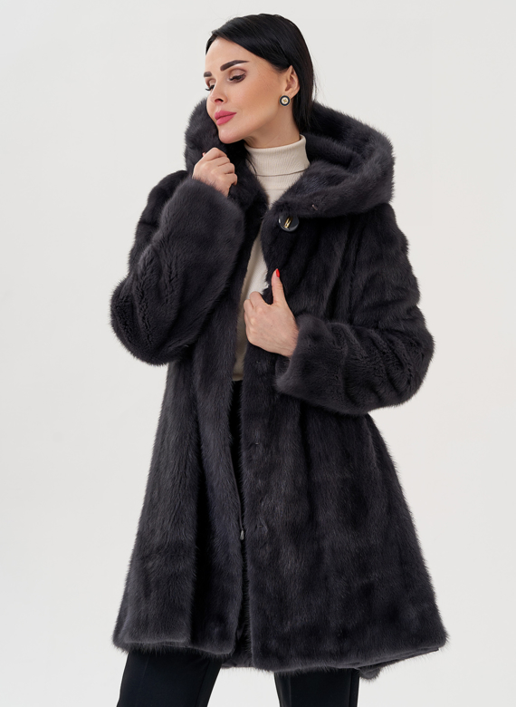 Норковая шуба балетка, в цвете графит с капюшоном