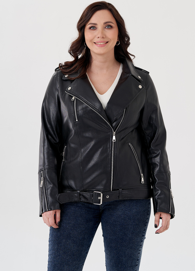 Удлиненная куртка косуха в черном цвете с ремнем модель № 695 в рассрочку