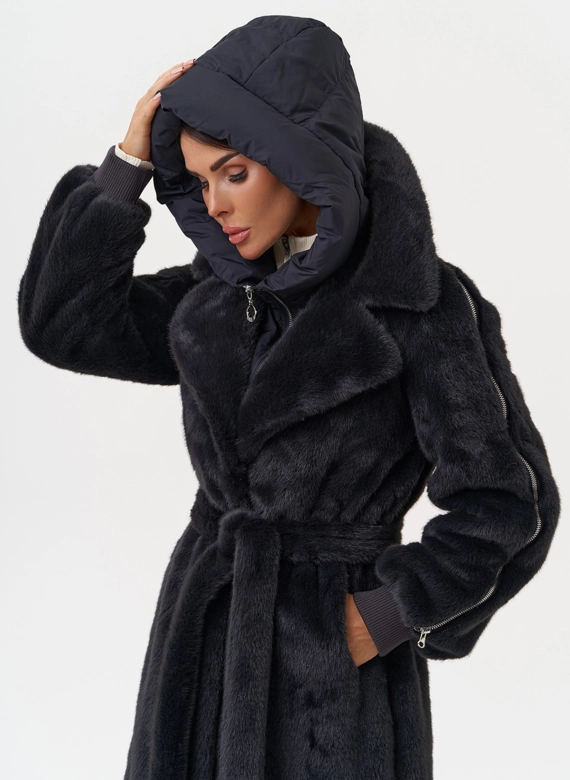 Длинная женская шуба из эко меха в цвете графит