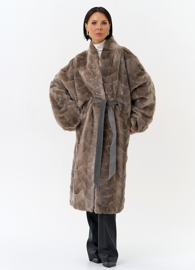 Шуба из меха норки с поясом модель № 31185 меха малина