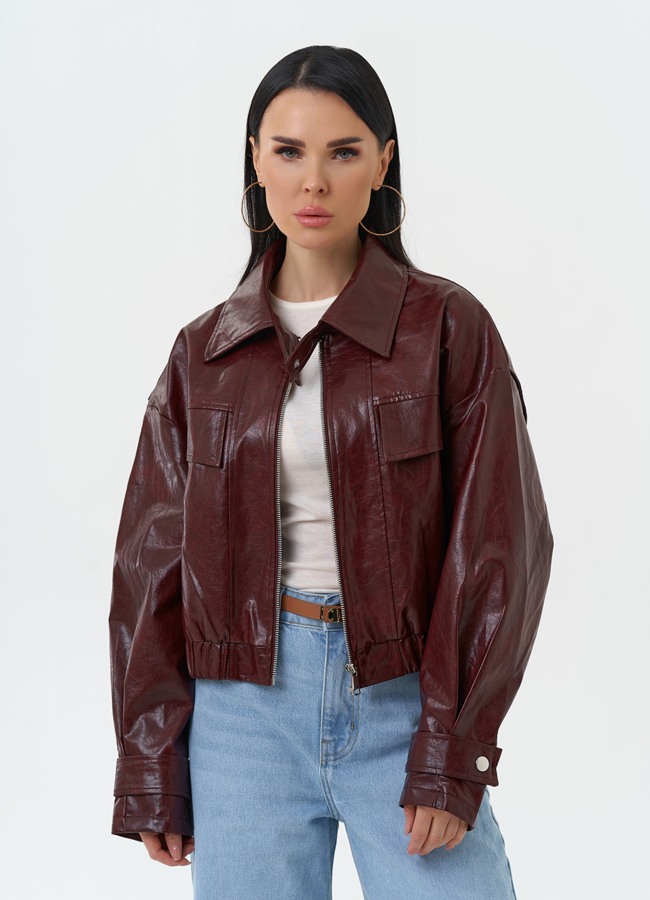 Куртка бомбер из эко кожи бордового цвета модель № 30315 меха малина