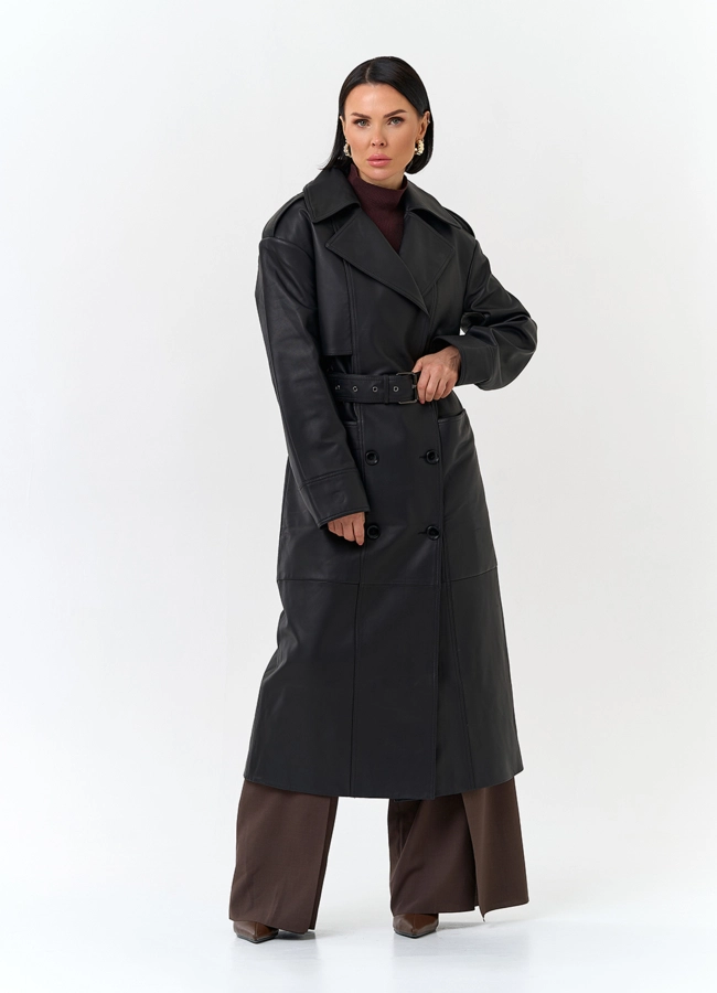 Женский плащ из натуральной кожи с поясом модель № 32901 универмаг малина фото
