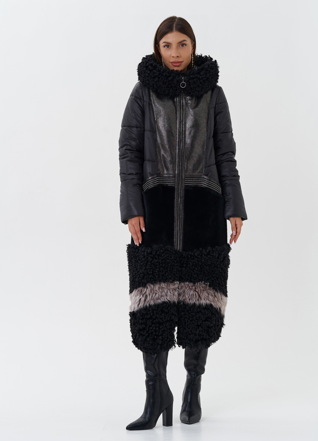 Комбинированный пуховик с капюшоном модель № 26913 меха малина