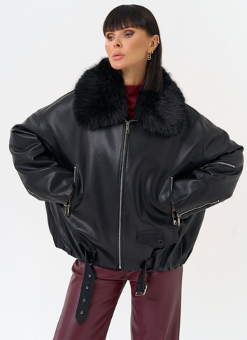 Женская утепленная куртка из эко кожи черного цвета Женская утепленная куртка из эко кожи черного цвета
