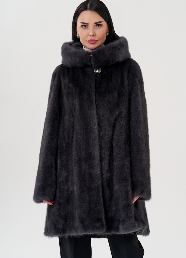 Норковая шуба балетка, в цвете графит с капюшоном модель № 25006 меха малина