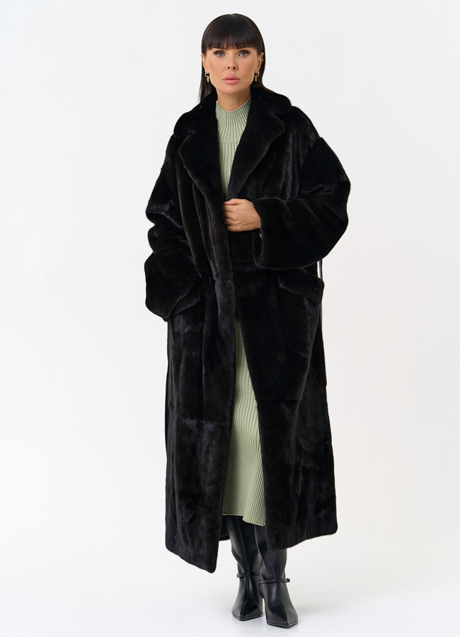 Длинная шуба из меха норки blackglama с поясом модель № 31636 универмаг малина