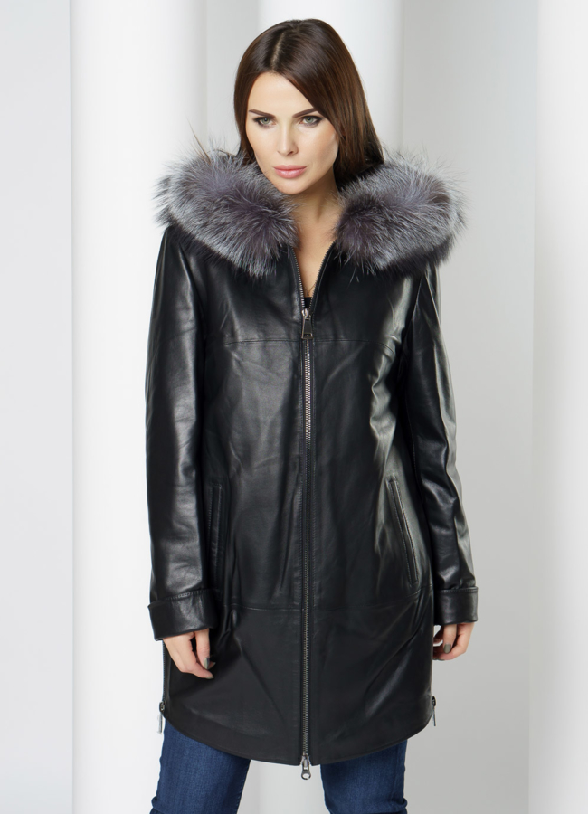 Утепленное полупальто из натуральной кожи с капюшоном  модель № 20201 универмаг малина