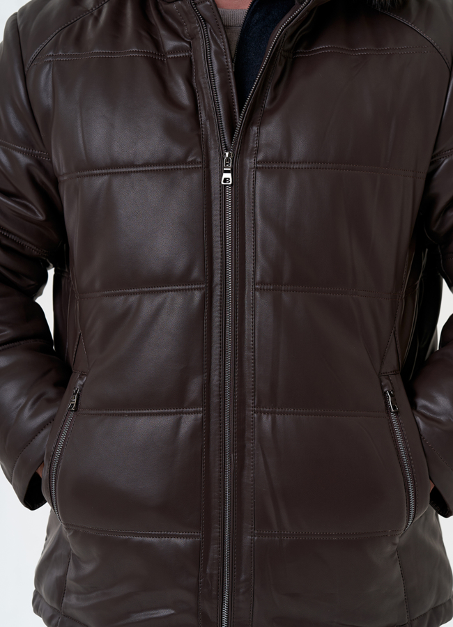 Пуховик из эко кожи с капюшоном из меха енота модель № 31721 универмаг малина