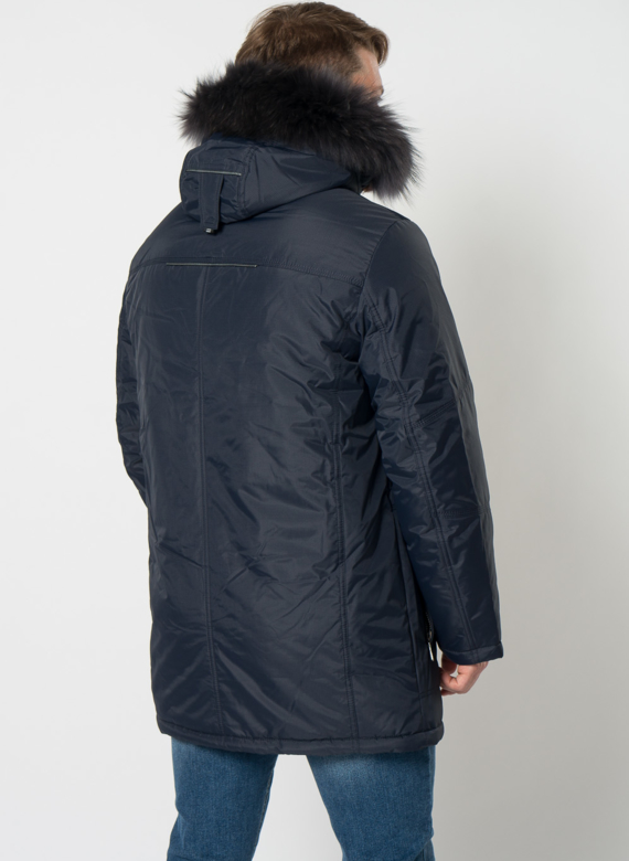 Полупальто мужское синего цвета с отделкой из енота