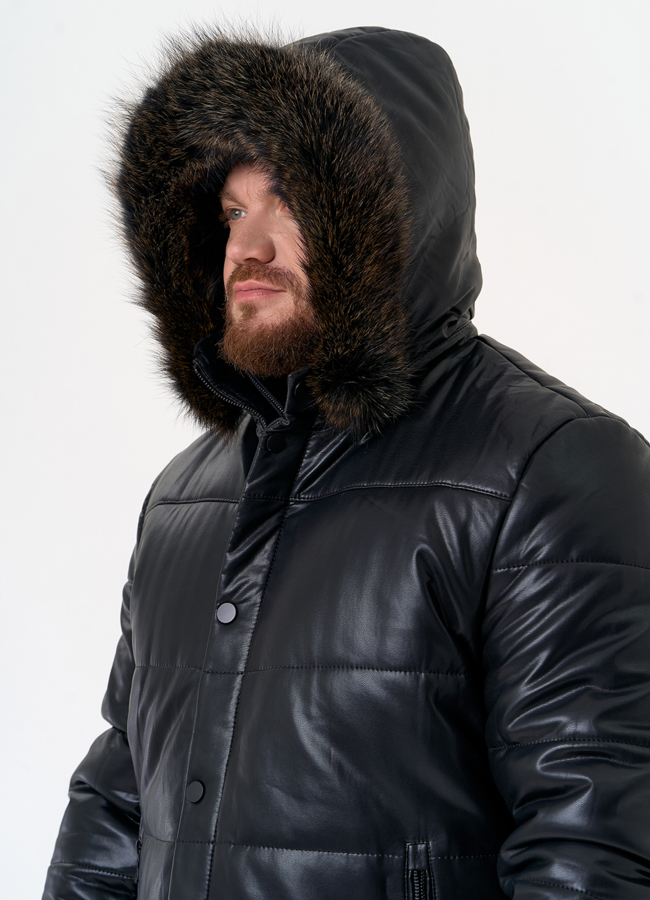 Пуховик из эко кожи с капюшоном из меха енота модель № 31720 универмаг малина