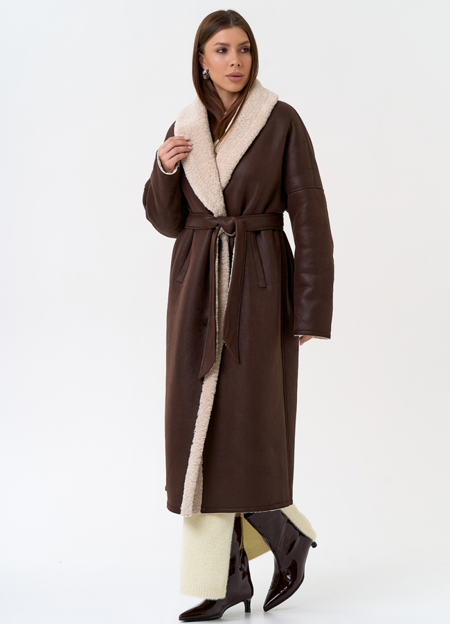 Женская двухсторонняя дубленка из эко замши с воротником шаль модель № 31437 универмаг малина