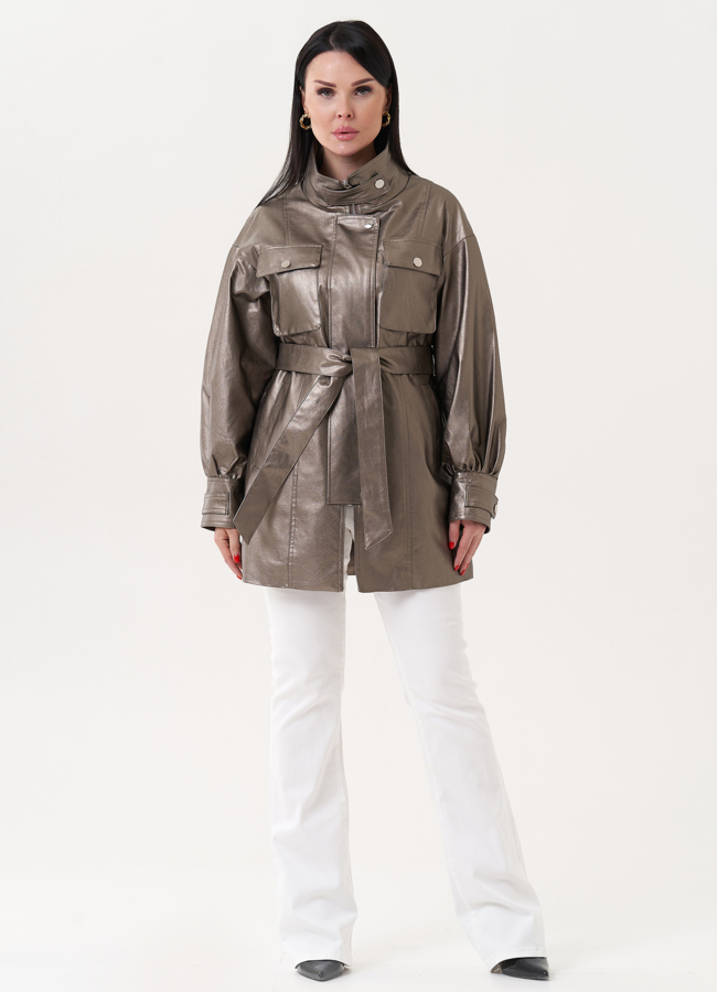 Женский жакет из эко кожи под бронзу модель № 27164 меха малина