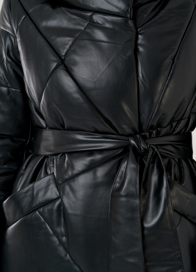 Черный длинный пуховик из эко кожи Malina Siberian модель № 79130 в рассрочку