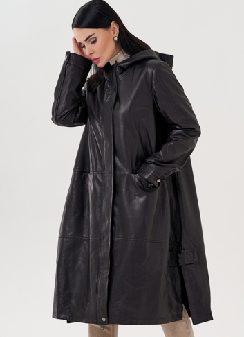 Длинный кожаный плащ с капюшоном