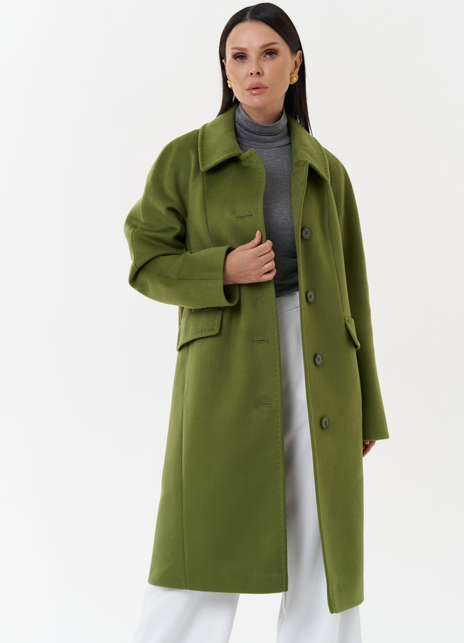 Женское пальто зеленого цвета с поясом модель № 27695 универмаг малина