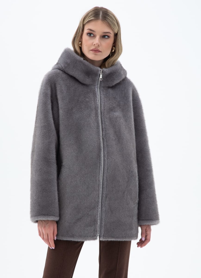 Женская двухсторонняя дубленка из эко кожи с капюшоном модель № 32029 универмаг малина