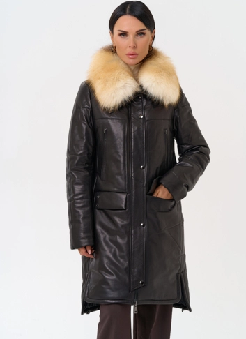 Кожаный пуховик с воротником из лисы фото