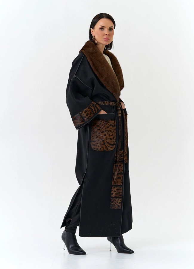 Женское длинное пальто с воротником из меха норки модель № 32647 универмаг малина