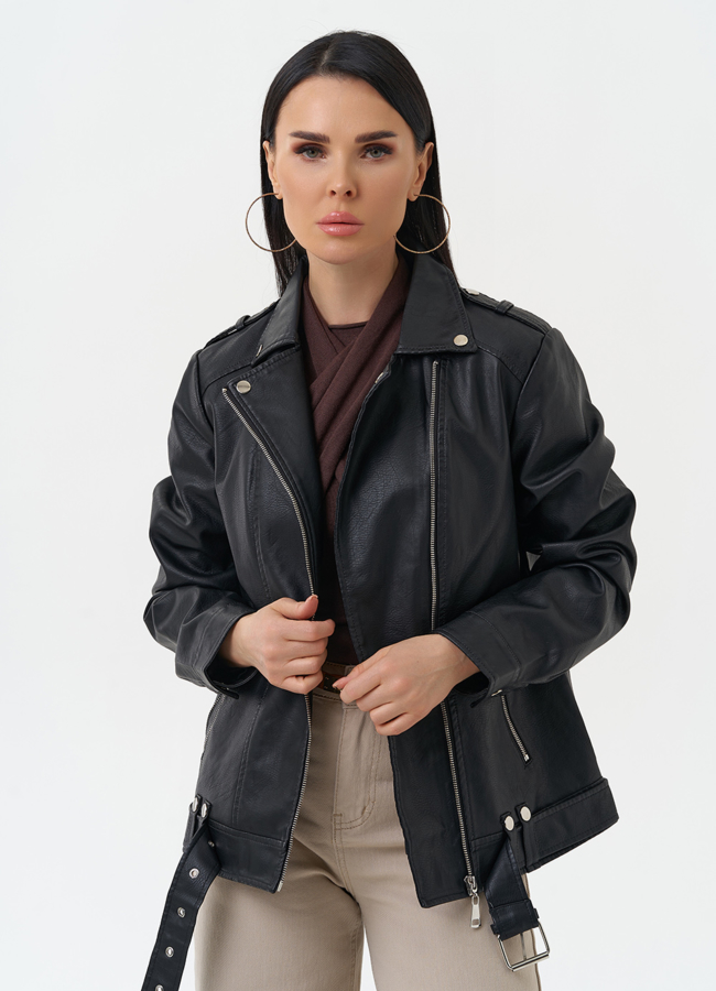 фото Куртка косуха из эко кожи черного цвета модель № 30379