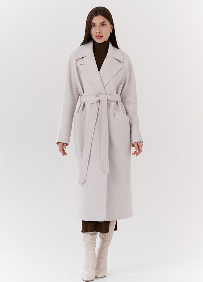 Удлиненное женское пальто в цвете жемчуг модель № 24292 в рассрочку