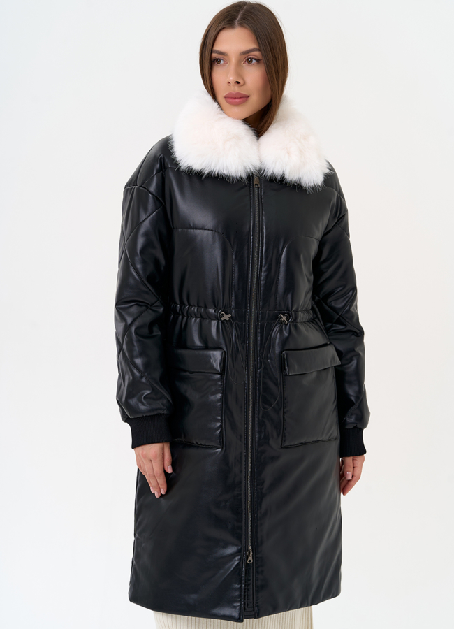 Женский пуховик из эко кожи с воротником из эко меха модель № 30724 меха малина