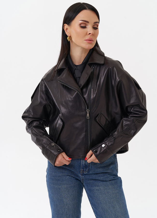Черная кожаная куртка модель № 29914 универмаг малина